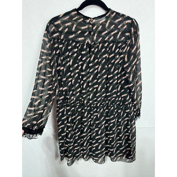 Zara Basic Sheer Black Long Sleeve Belt Print Babydoll Shift Mini Dress Size M - Picture 3 of 7
